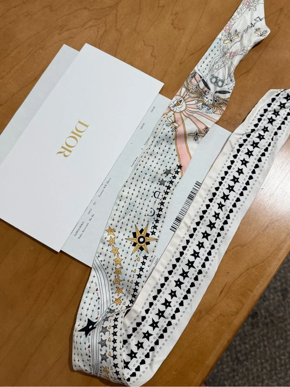 Authentic Dior Star-Print Silk Twilly in White, Pink and Gold